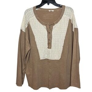 J‎ HER Medium Long Sleeve Crochet Henley Top Brown Boho Western Cowgirl
